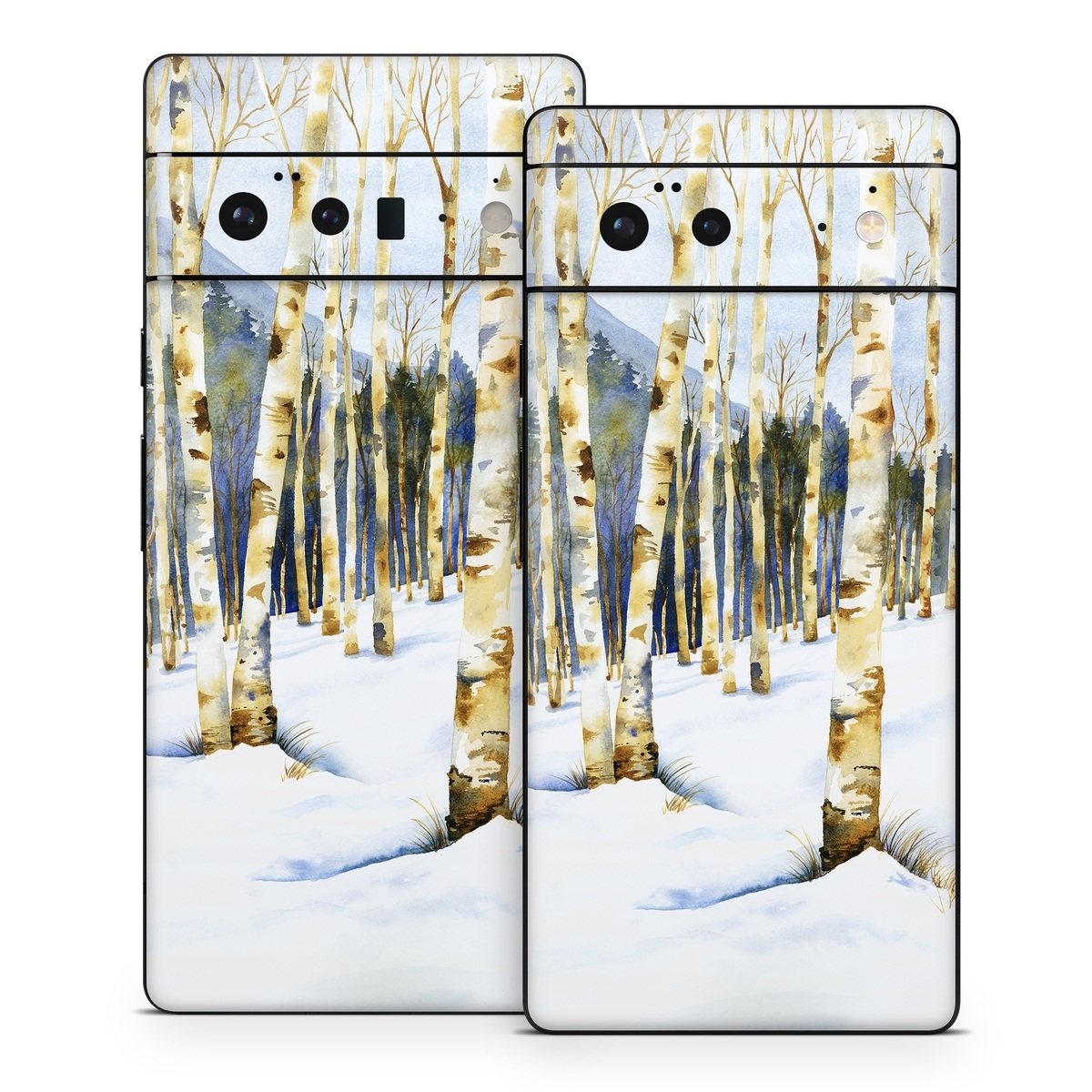 Google Pixel 6 Series Skin design of Tree, Snow, Winter, Canoe birch, Nature, Birch, Forest, Natural environment, Freezing, Woody plant, with white, brown, black, gray colors