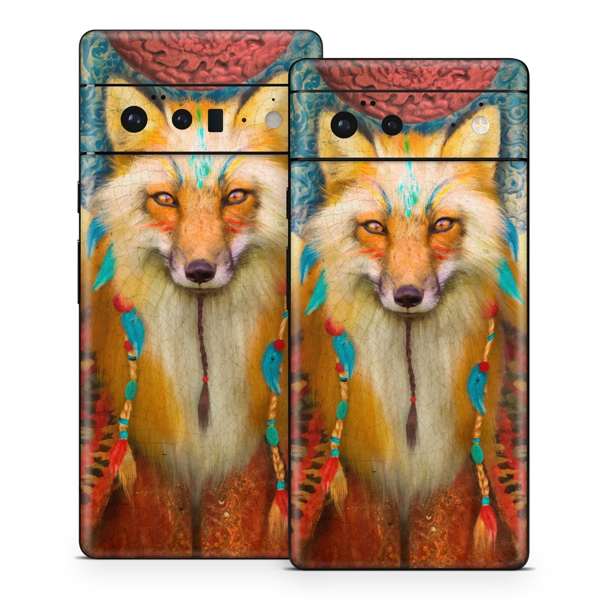 Google Pixel 6 Series Skin design of Red fox, Canidae, Fox, Wildlife, Swift fox, Carnivore, Jackal, Fur, Snout, Art, with red, black, gray, green, blue colors
