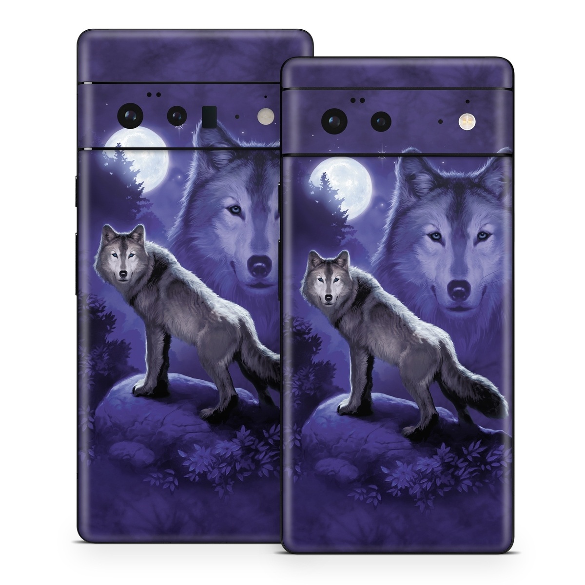 Google Pixel 6 Series Skin design of Wolf, Canidae, canis lupus tundrarum, Canis, Wolfdog, Dog, Native american indian dog, Wildlife, Sakhalin husky, Moonlight, with blue, black, gray colors