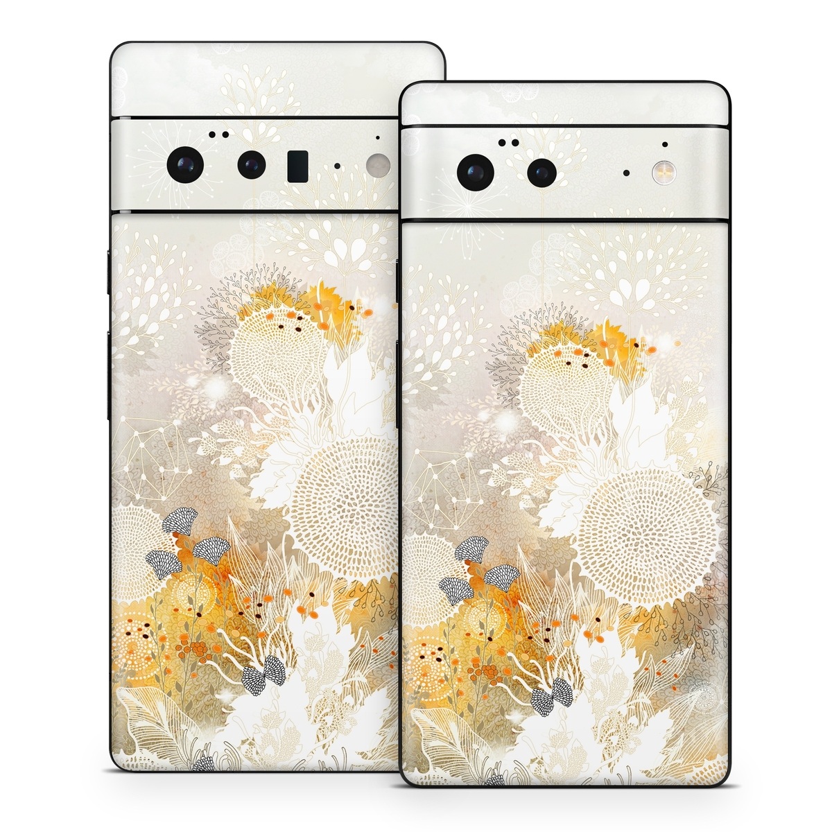 Google Pixel 6 Series Skin design of Pattern, Floral design, Flower, Plant, Illustration, camomile, Wildflower, Art, with gray, yellow, pink, white, green colors