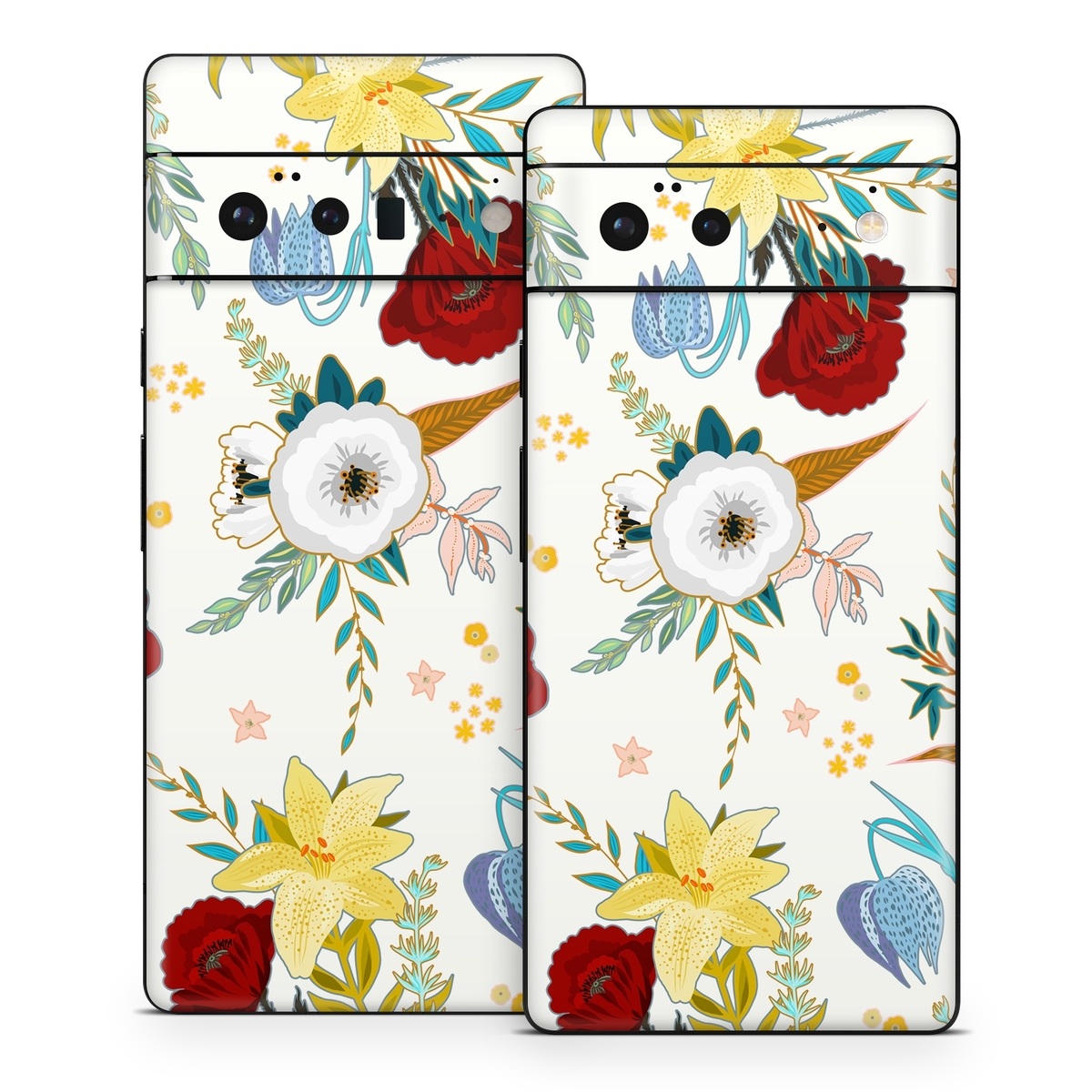 Google Pixel 6 Series Skin design of Floral design, Pattern, Wrapping paper, Botany, Design, Flower, Wallpaper, Plant, Clip art, Pedicel, with white, blue, red, yellow, pink, orange colors