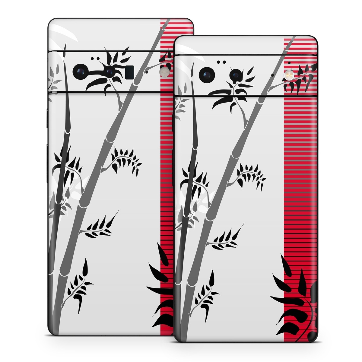 Google Pixel 6 Series Skin design of Botany, Plant, Branch, Plant stem, Tree, Bamboo, Pedicel, Black-and-white, Flower, Twig, with gray, red, black, white colors