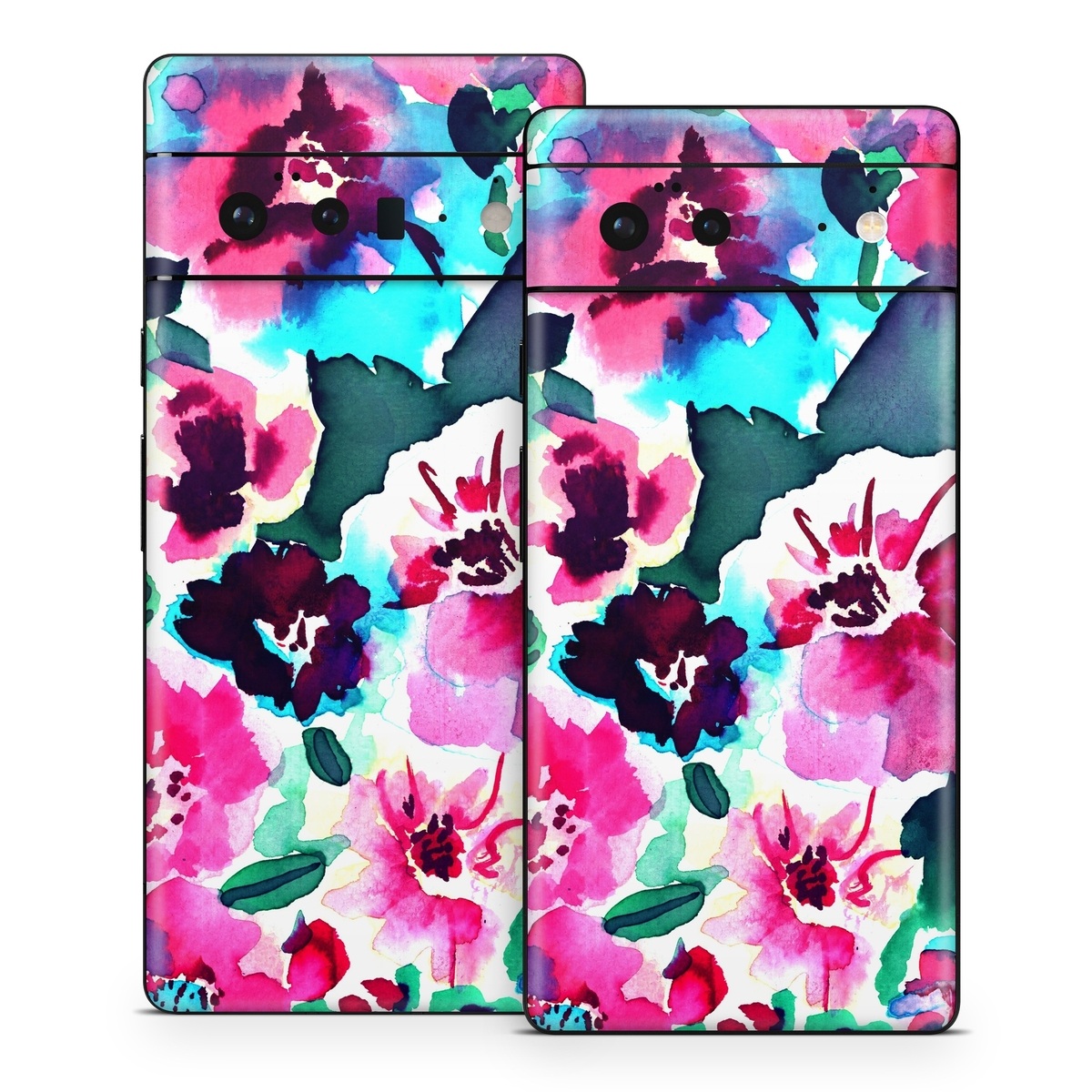Google Pixel 6 Series Skin design of Flower, Pink, Petal, Plant, Pattern, Hawaiian hibiscus, Design, Magenta, Flowering plant, Watercolor paint, with white, pink, blue, green, red colors