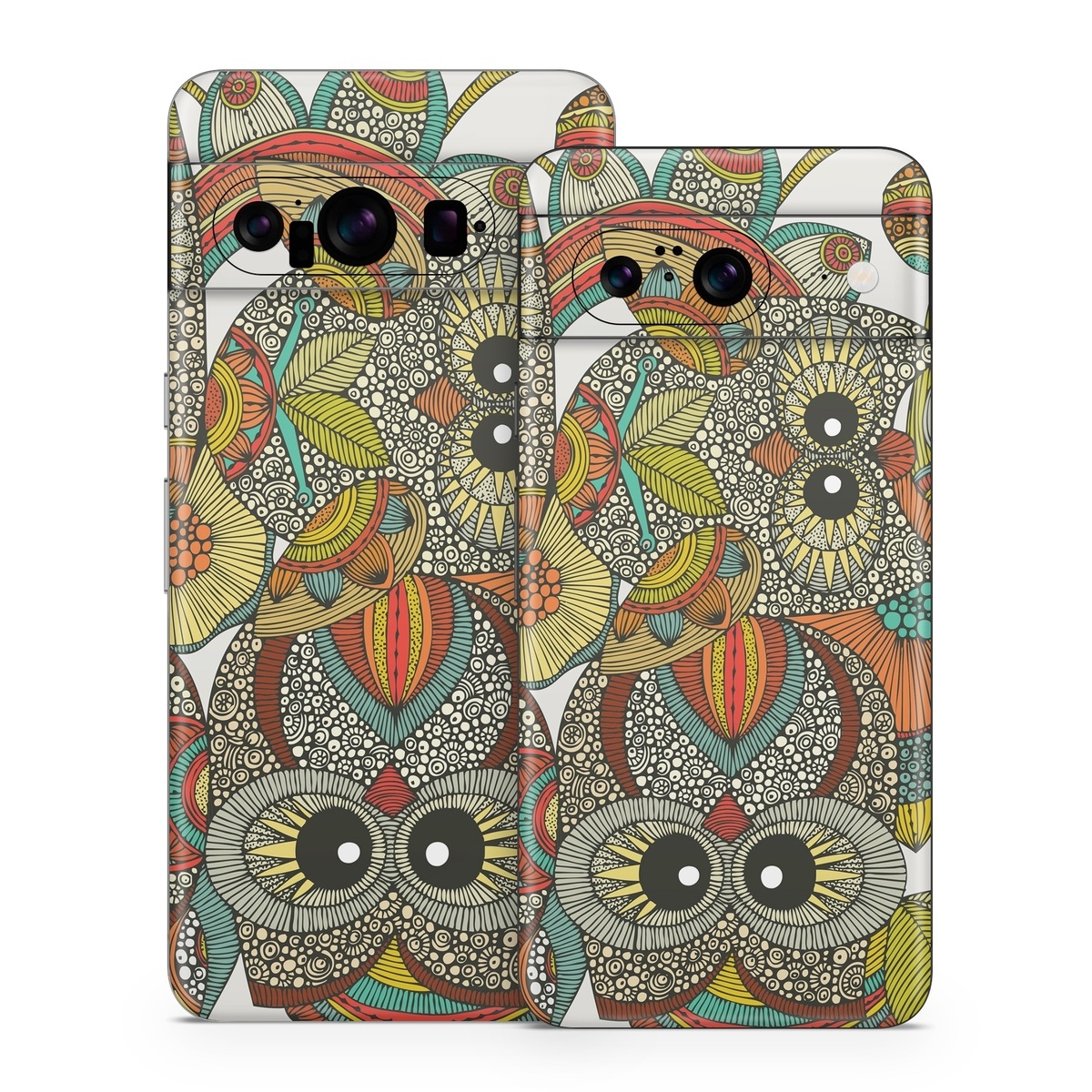 Google Pixel 8 Series Skin design of Owl, Pattern, Visual arts, Art, Design, Textile, Illustration, Motif, Bird, with white, green, orange, yellow, blue, red colors