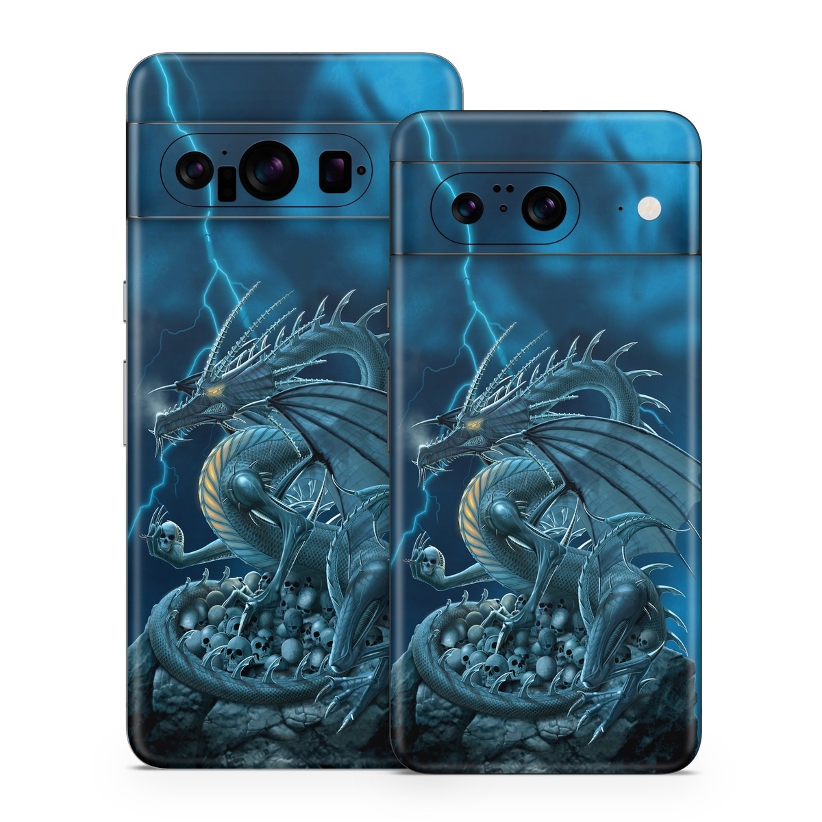 Google Pixel 8 Series Skin design of Cg artwork, Dragon, Mythology, Fictional character, Illustration, Mythical creature, Art, Demon, with blue, yellow colors