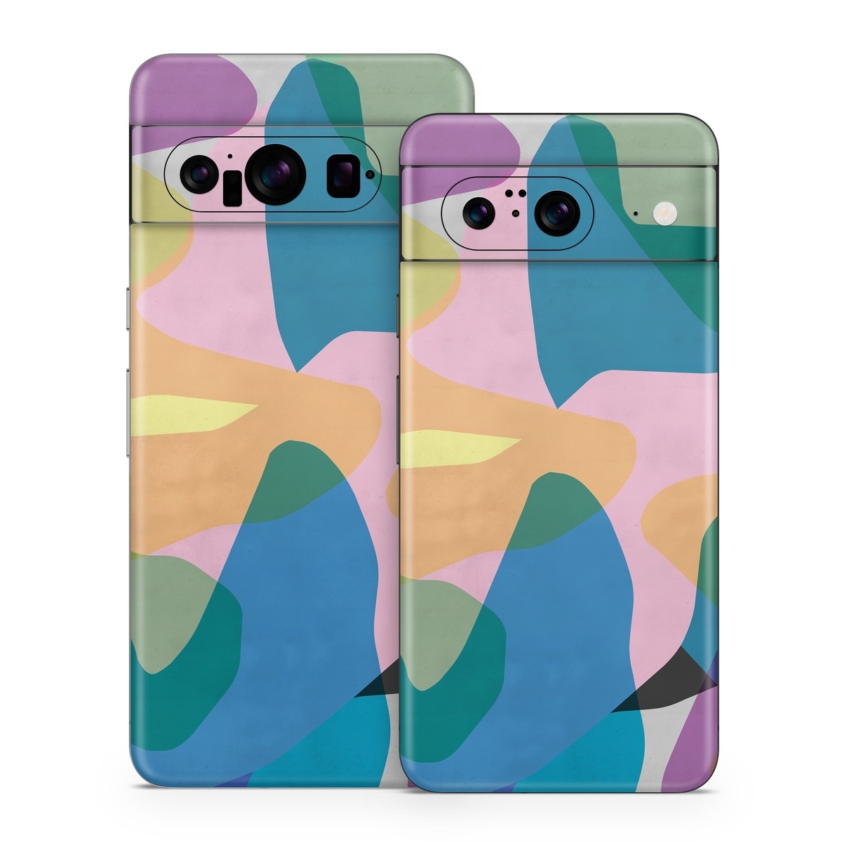 Google Pixel 8 Series Skin design of Azure, Paint, Textile, Organism, Art, Painting, Aqua, Font, Rectangle, Tints and shades, with blue, green, pink, yellow, orange, purple, gray colors