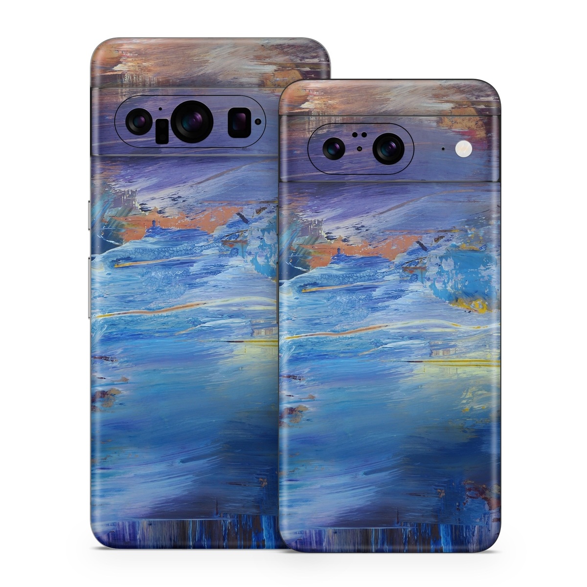 Google Pixel 8 Series Skin design of Painting, Blue, Modern art, Acrylic paint, Sky, Watercolor paint, Art, Visual arts, Paint, Electric blue, with blue, purple, yellow, brown, orange, black colors