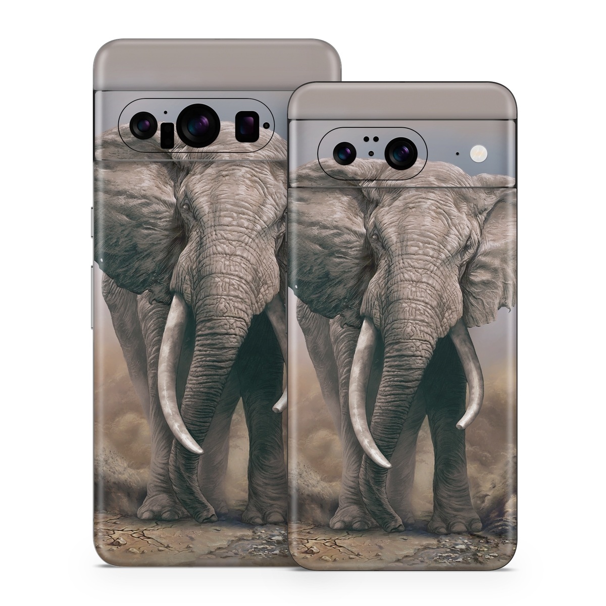 Google Pixel 8 Series Skin design of Elephants and Mammoths, Terrestrial animal, Indian elephant, African elephant, Wildlife, Tusk, Snout, Organism, Working animal, Illustration, with brown, gray, white colors