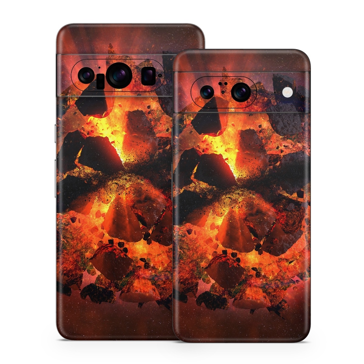 Google Pixel 8 Series Skin design of Flame, Heat, Fire, Space, Atmosphere, Charcoal, Explosion, Geological phenomenon, Ash, Graphics, with black, red colors