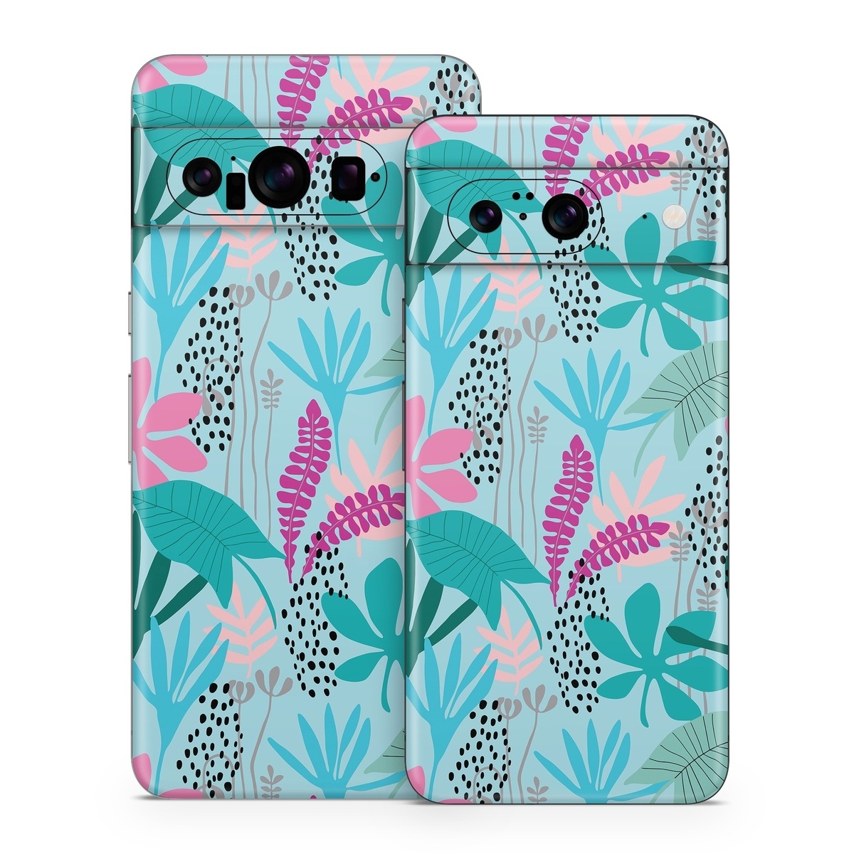 Google Pixel 8 Series Skin design of White, Leaf, Botany, Green, Textile, Branch, Organism, Plant, Font, Pink, with blue, green, pink, purple, black, gray colors