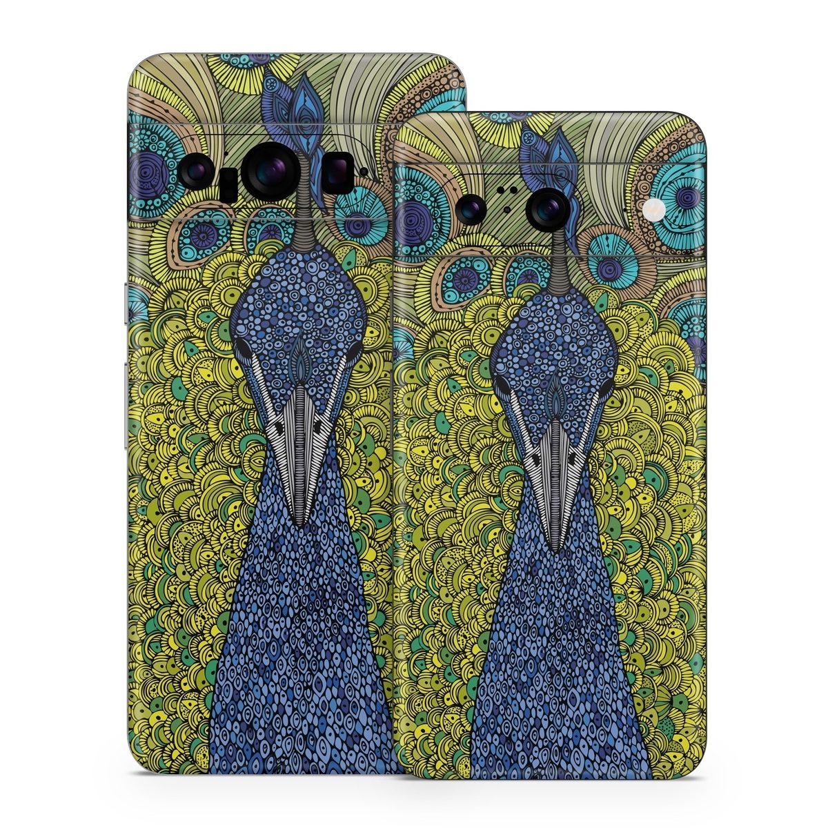 Google Pixel 8 Series Skin design of Peafowl, Bird, Feather, Pattern, Art, Phasianidae, Galliformes, Design, Psychedelic art, Symmetry, with green, blue, yellow colors