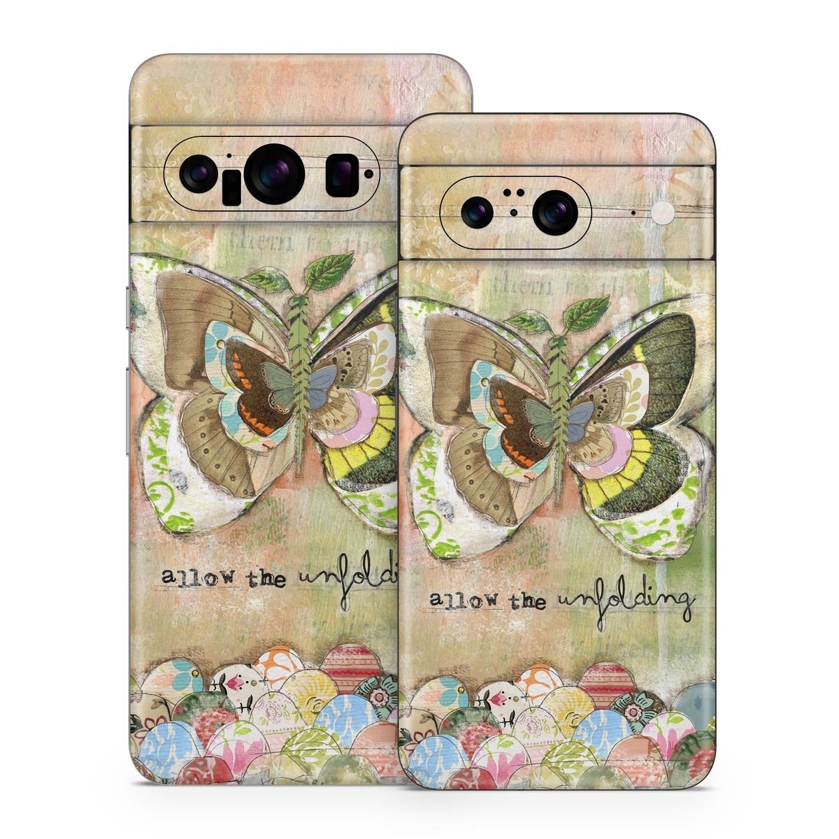 Google Pixel 8 Series Skin design of Butterfly, Art, Fictional character, Pollinator, Moths and butterflies, Watercolor paint, Illustration, with green, brown, yellow, blue, pink, red colors