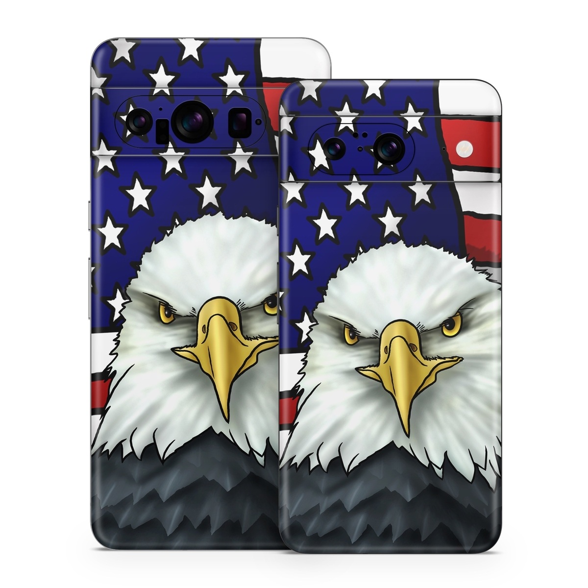 Google Pixel 8 Series Skin design of Bald eagle, Eagle, Bird, Bird of prey, Accipitridae, Beak, Accipitriformes, Sea eagle, Flag, with white, gray, blue, yellow, red colors