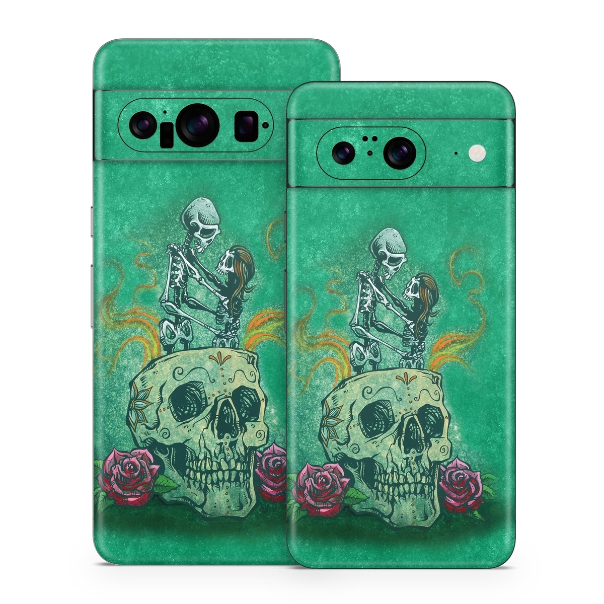 Google Pixel 8 Series Skin design of Bone, Skull, Aqua, Pattern, Electric blue, Fashion accessory, Font, Fictional character, Art, Grass, with green, pink, red, yellow, orange, white, gray colors