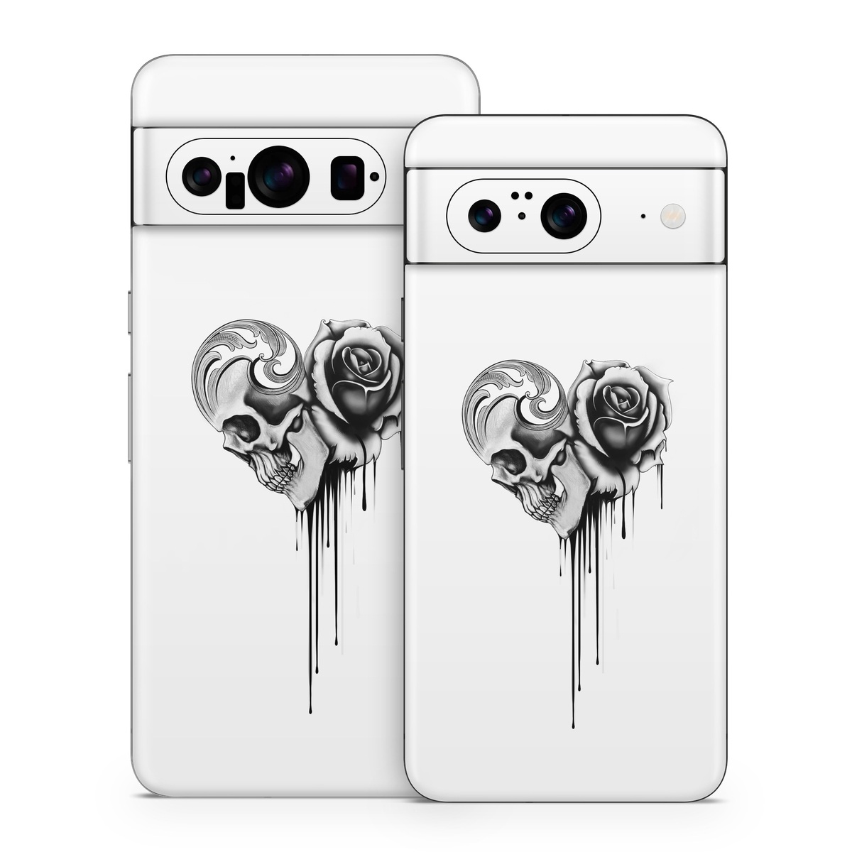 Google Pixel 8 Series Skin design of Black-and-white, Illustration, Monochrome, Rose, Plant, Style, Metal, Drawing, with white, black, gray colors