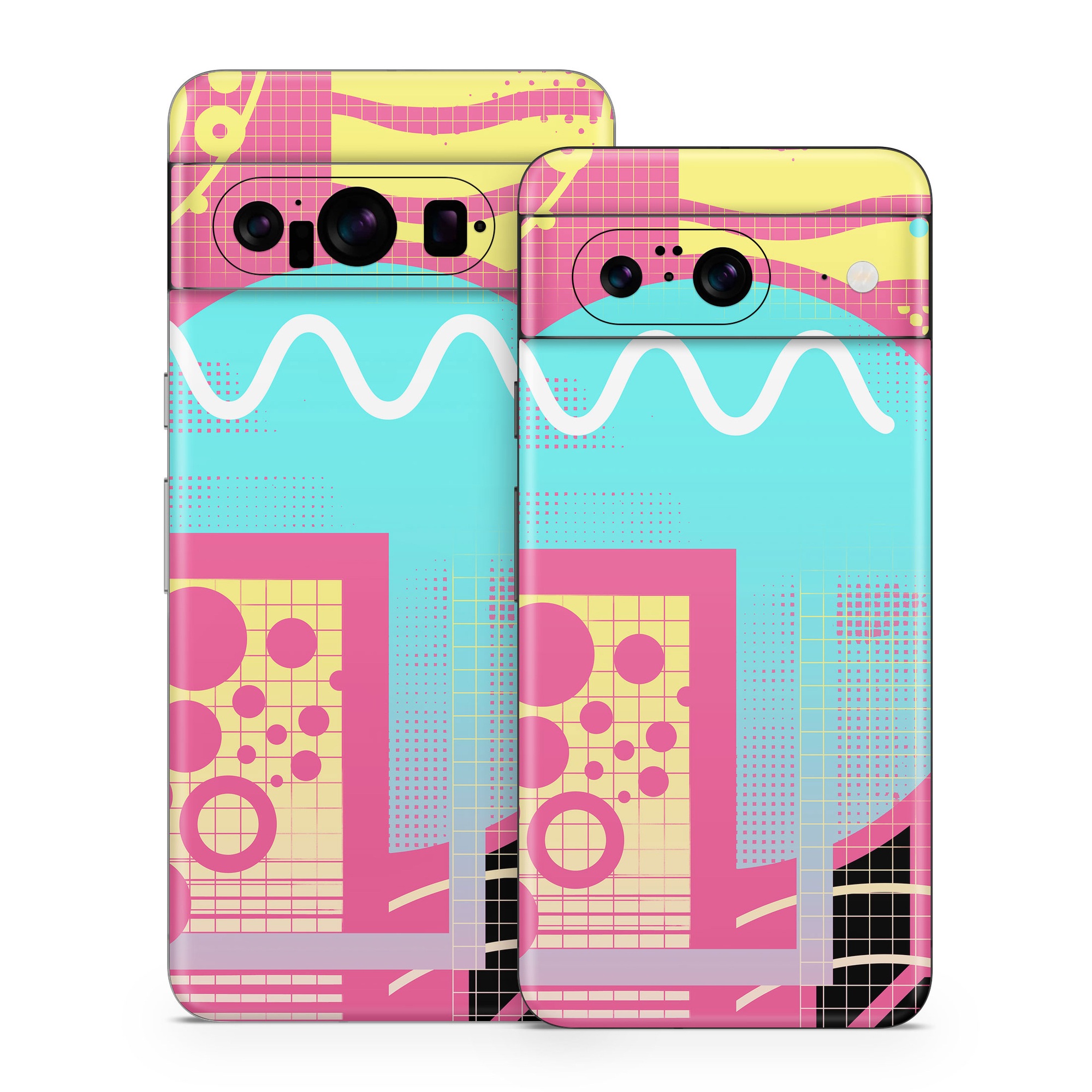 Google Pixel 8 Series Skin design of Textile, Organism, Font, Art, Pink, Rectangle, Line, Aqua, Magenta, Circle, with pink, yellow, blue, black, white colors