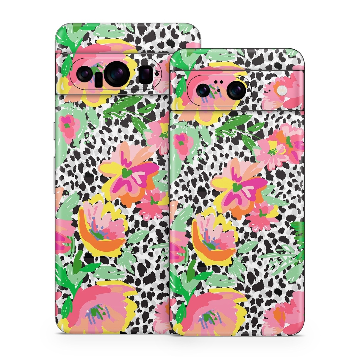 Google Pixel 8 Series Skin design of Flower, Petal, Textile, Pink, Creative arts, Art, Magenta, Pattern, Plant, Symmetry, with pink, orange, yellow, purple, green, black, white colors