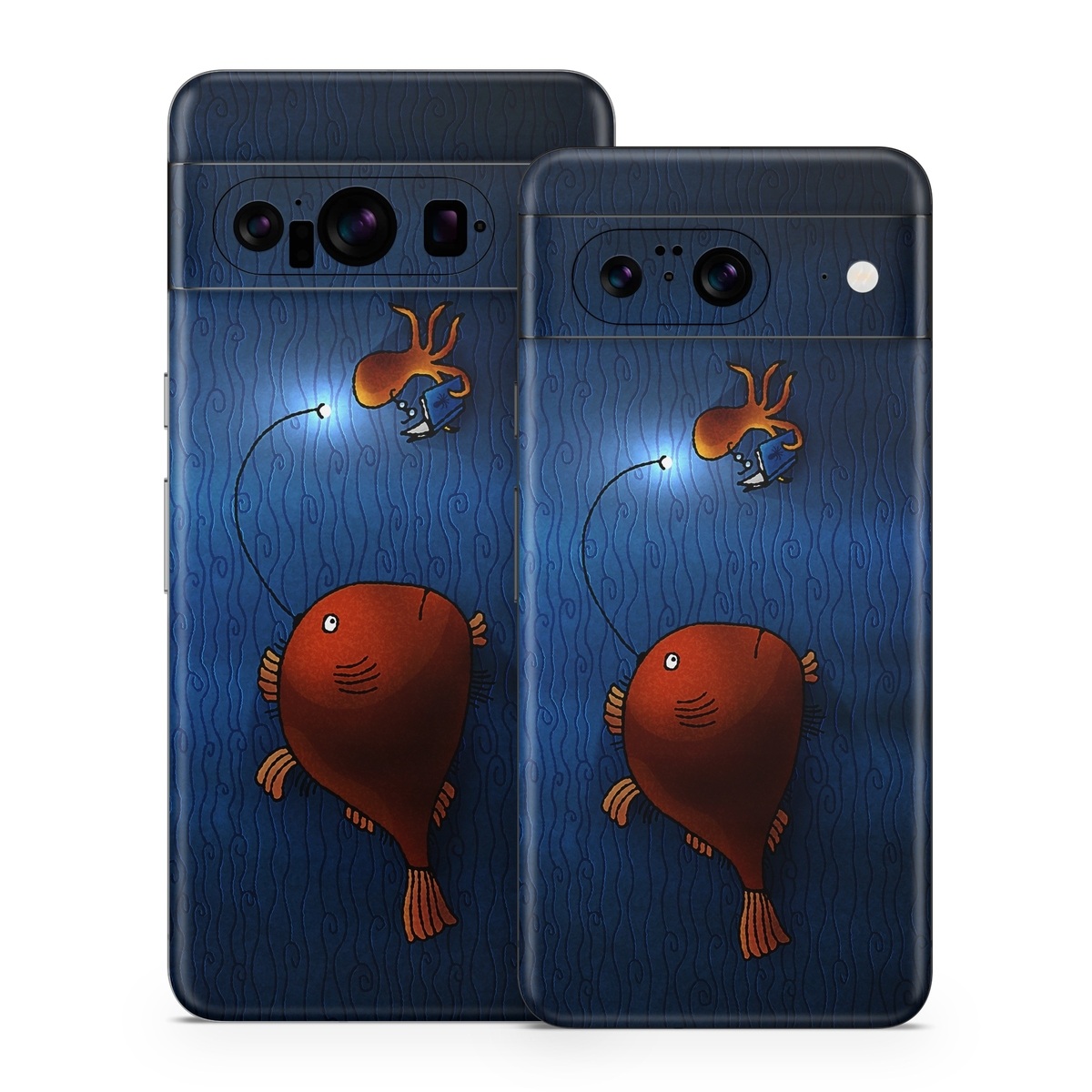Google Pixel 8 Series Skin design of Deep sea fish, Anglerfish, Illustration, Fish, Animation, Art, with blue, red colors