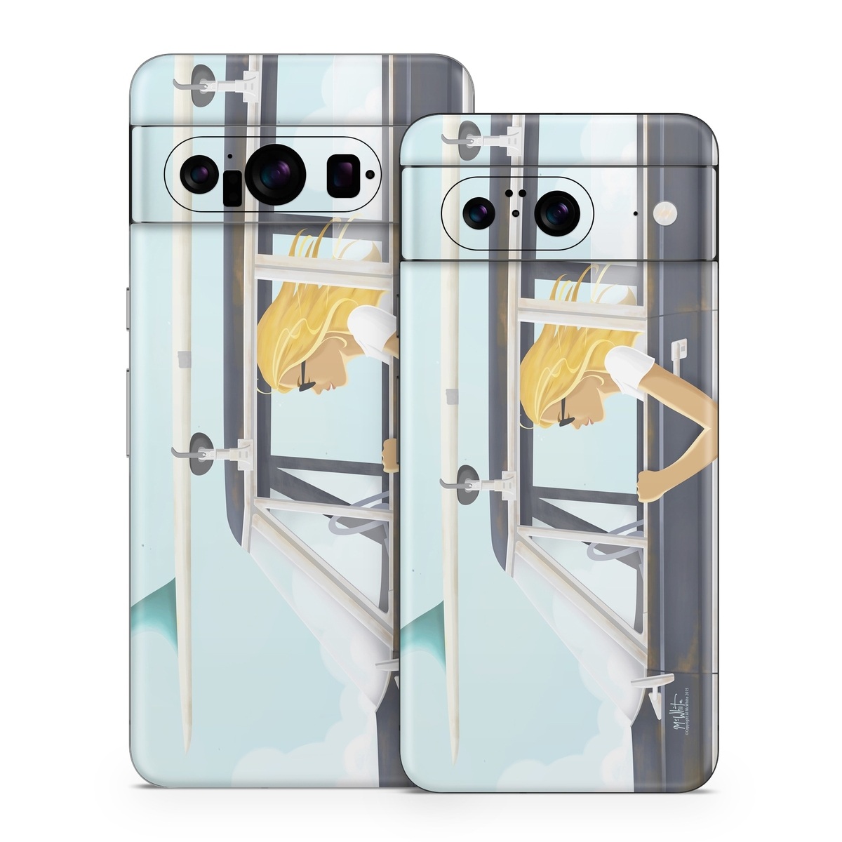 Google Pixel 8 Series Skin design of Vehicle door, Vehicle, Automotive exterior, Automotive design, Car, Headgear, Windshield, Dress, Automotive window part, Family car, with blue, white, gray, yellow colors