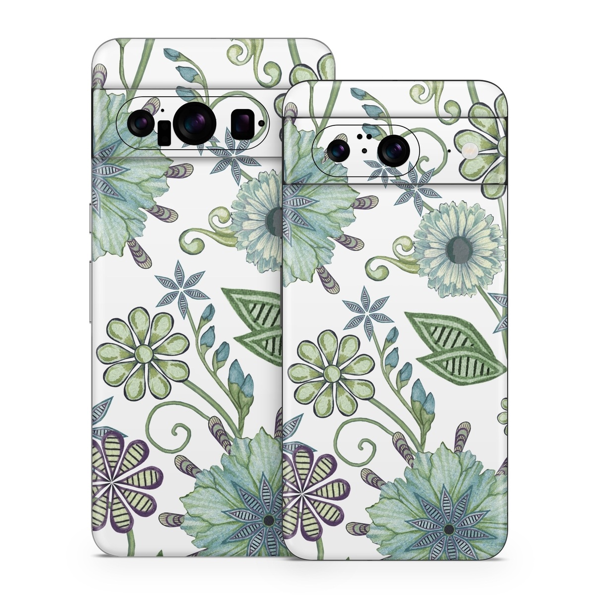 Google Pixel 8 Series Skin design of Green, Pattern, Flower, Botany, Plant, Leaf, Design, Wildflower, with white, green, blue colors