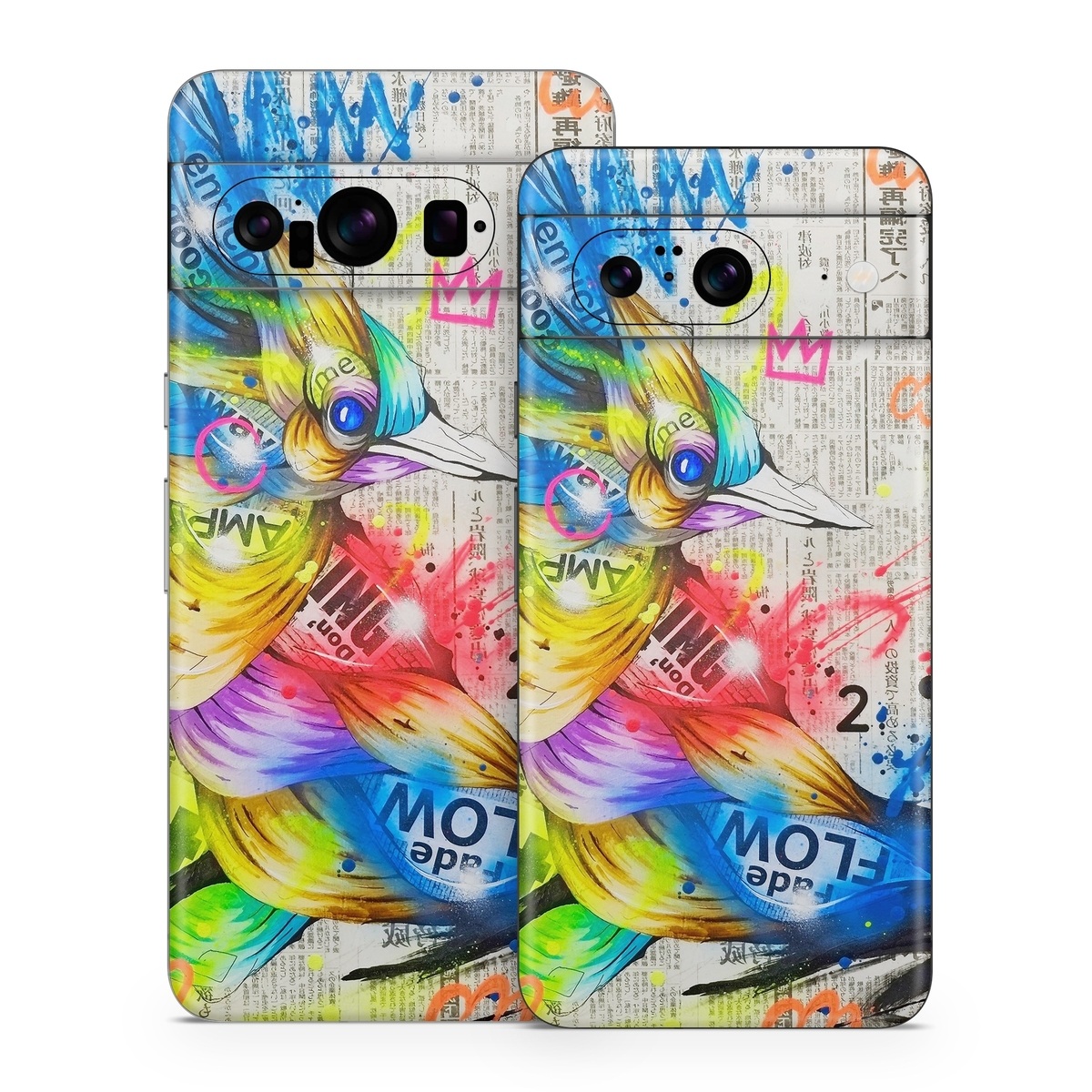 Google Pixel 8 Series Skin design of Graphic design, Font, Art, Graphics, Illustration, with blue, red, orange, pink, white, black, yellow, green colors