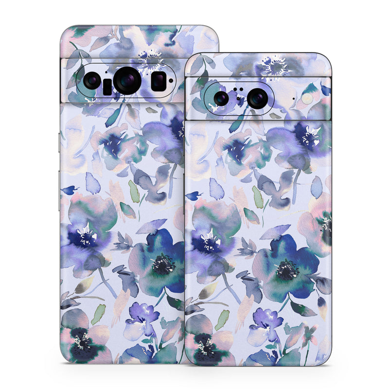 Google Pixel 8 Series Skin design of Blue, Flower, Petal, Pink, Purple, Wildflower, Watercolor painting, Floral design, Lobelias, Borages, with white, purple, black, pink, green colors