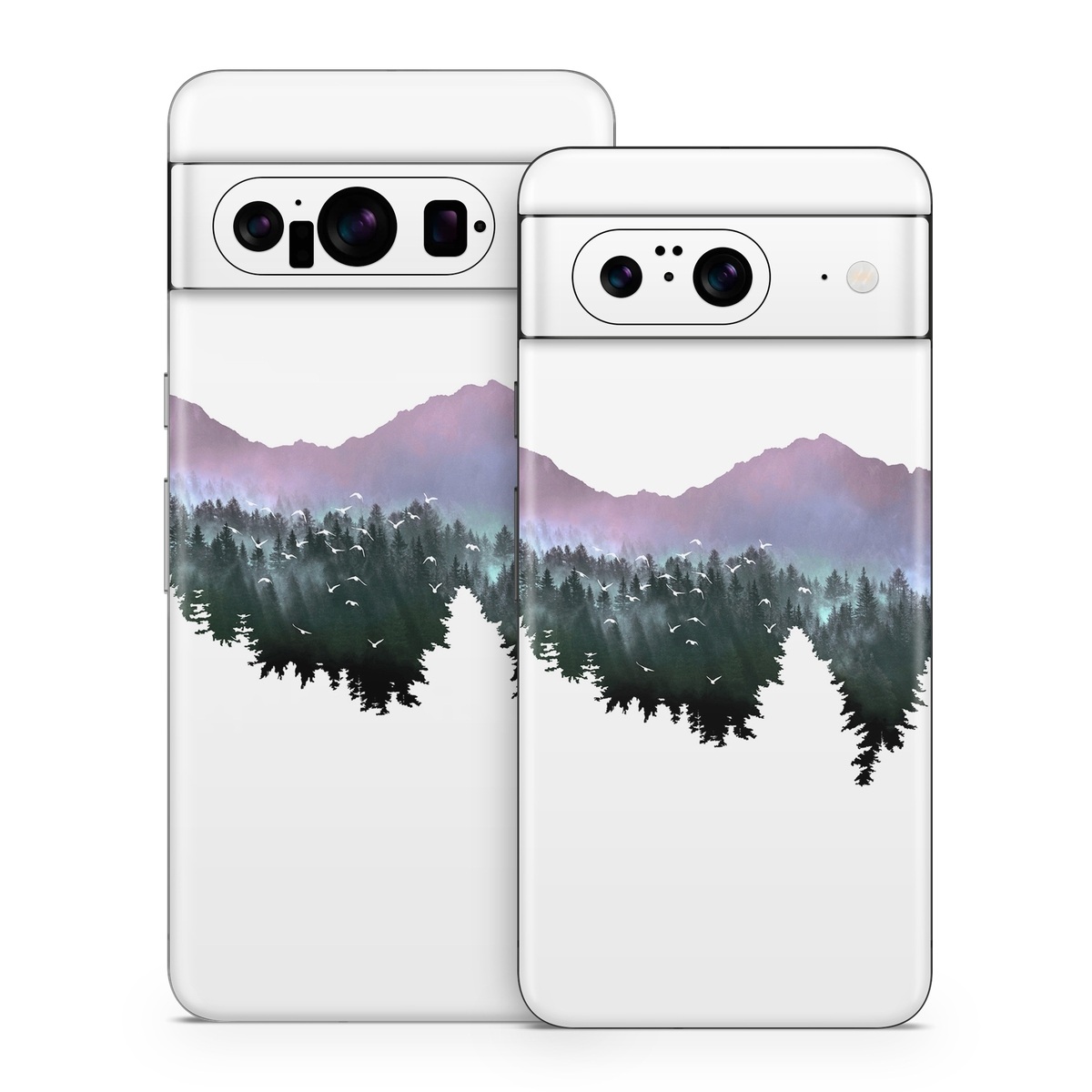 Google Pixel 8 Series Skin design of Nature, Mountainous landforms, Mountain, Atmospheric phenomenon, Tree, Wilderness, Sky, Mountain range, Forest, Hill, with white, black, purple, blue, green colors