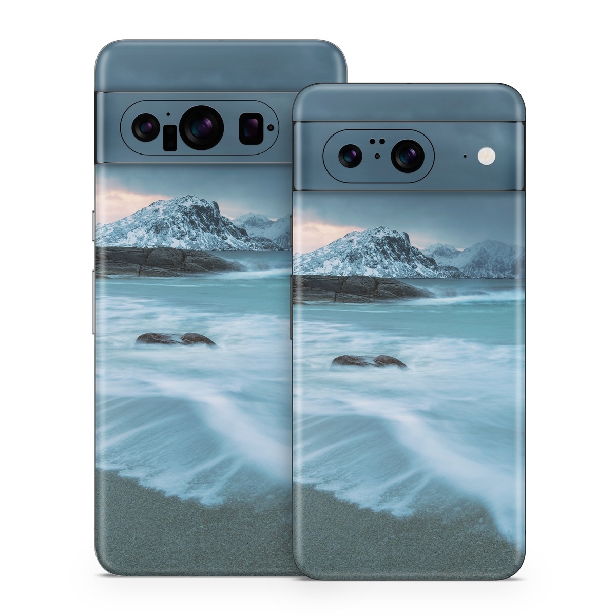 Google Pixel 8 Series Skin design of Body of water, Sky, Nature, Sea, Ocean, Wave, Blue, Water, Coast, Wind wave, with white, blue, black, orange colors