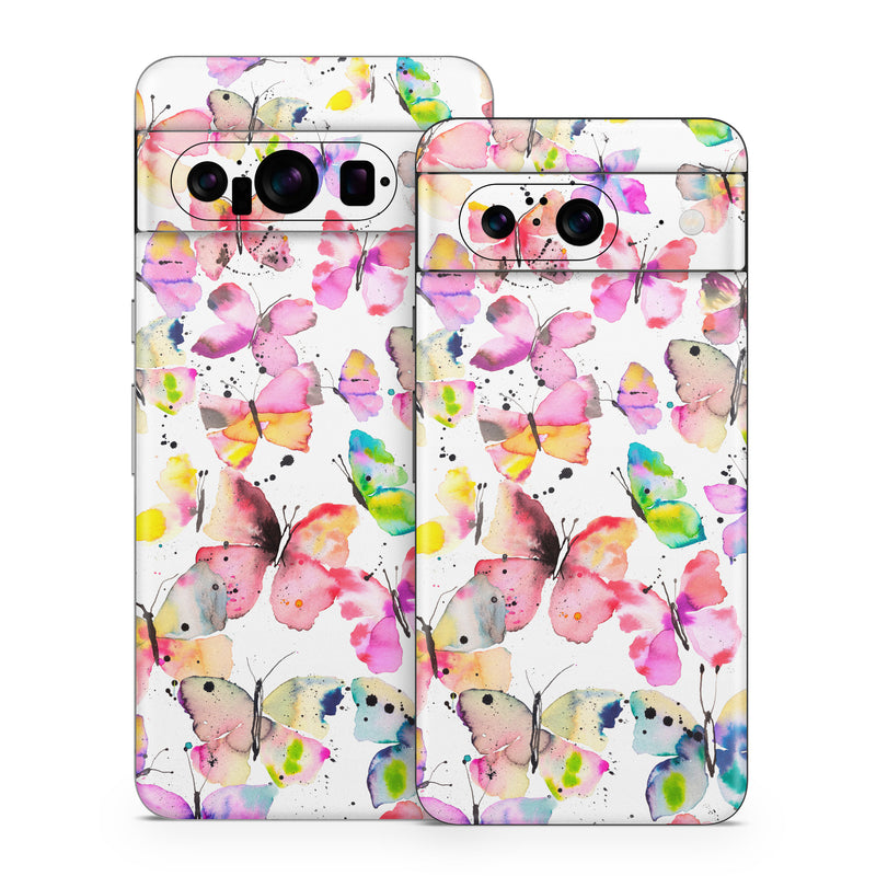 Google Pixel 8 Series Skin design of Pollinator, Butterfly, Pink, Insect, Lepidoptera, Arthropod, Paint, Watercolor painting, with white, pink, red, blue, green, purple, yellow, orange colors