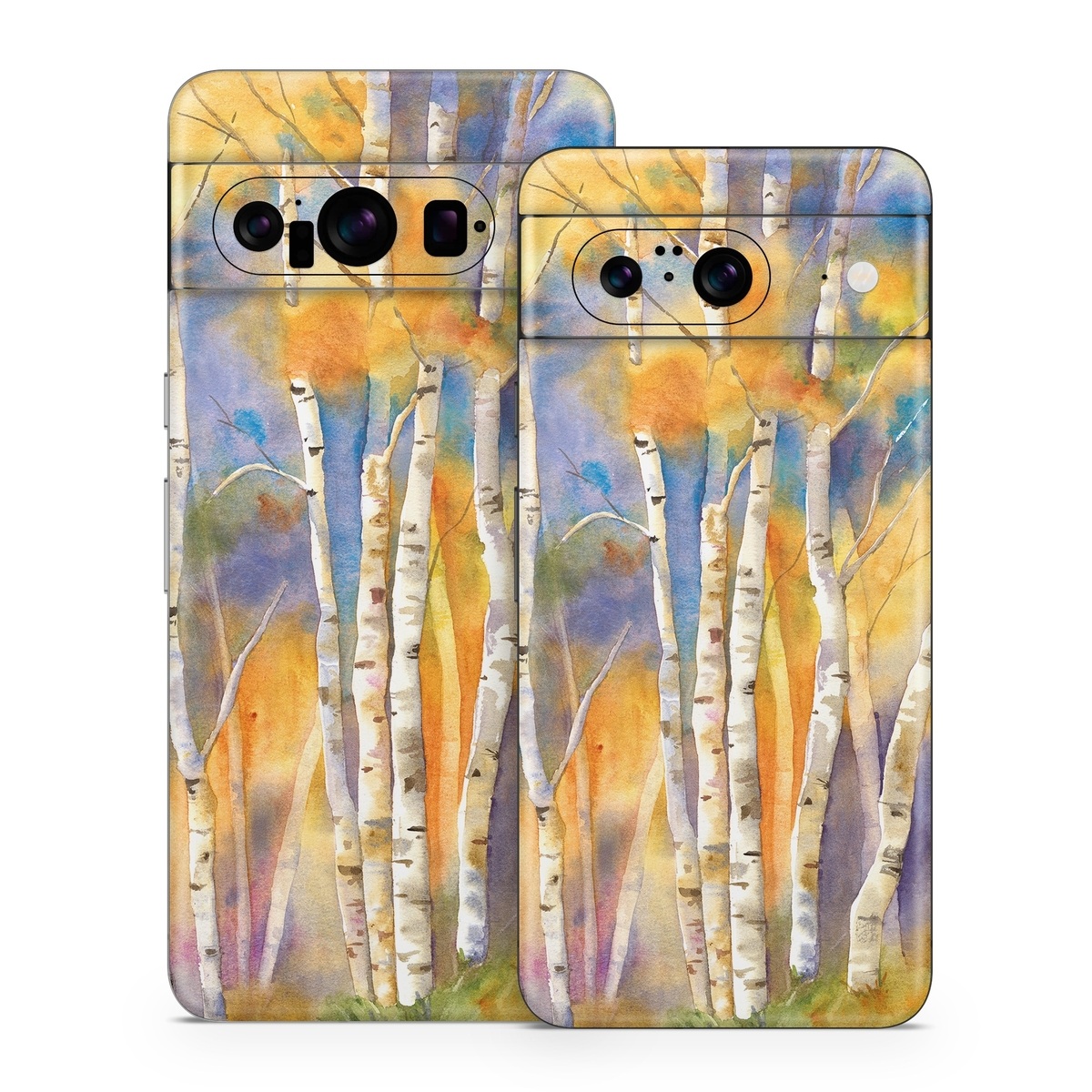 Google Pixel 8 Series Skin design of Canoe birch, Watercolor paint, Tree, Birch, Woody plant, Painting, Plant, Birch family, Paint, Trunk, with orange, yellow, green, white, purple, blue colors