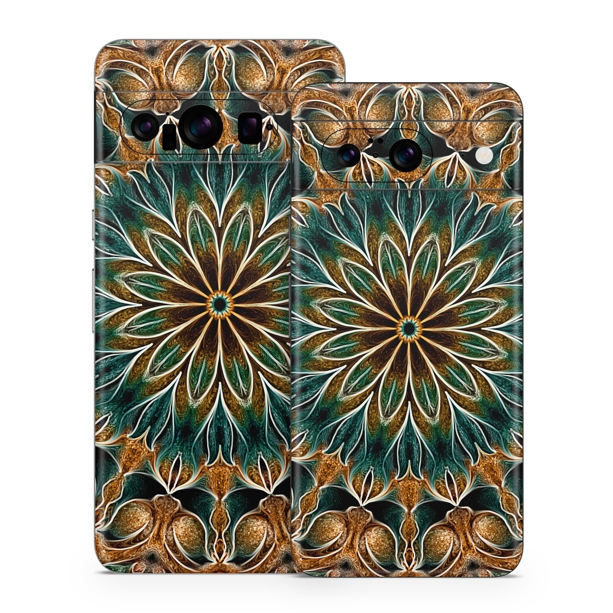 Google Pixel 8 Series Skin design of Pattern, Symmetry, Textile, Art, Psychedelic art, Tapestry, Design, Visual arts, Kaleidoscope, Motif, with green, orange, yellow, brown, red colors