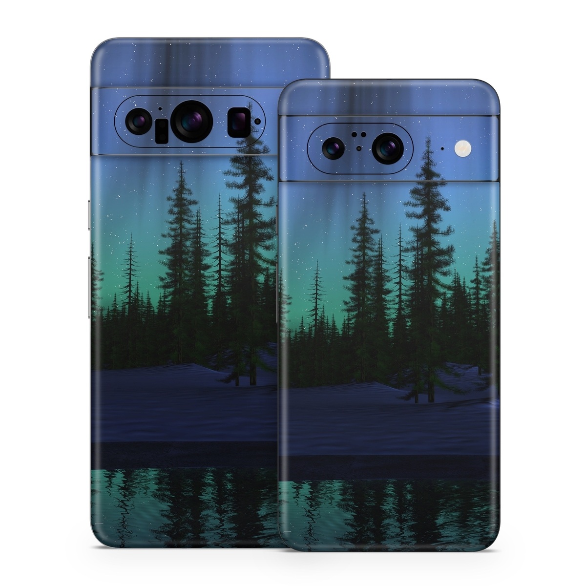 Google Pixel 8 Series Skin design of Aurora, Nature, Sky, shortleaf black spruce, Natural landscape, Tree, Wilderness, Natural environment, Biome, Spruce-fir forest, with blue, purple, green, black colors
