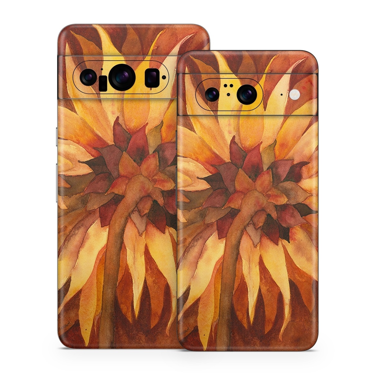 Google Pixel 8 Series Skin design of Sunflower, Flower, sunflower, Yellow, Painting, Plant, Petal, Still life photography, Flowering plant, Still life, with yellow, brown, orange colors