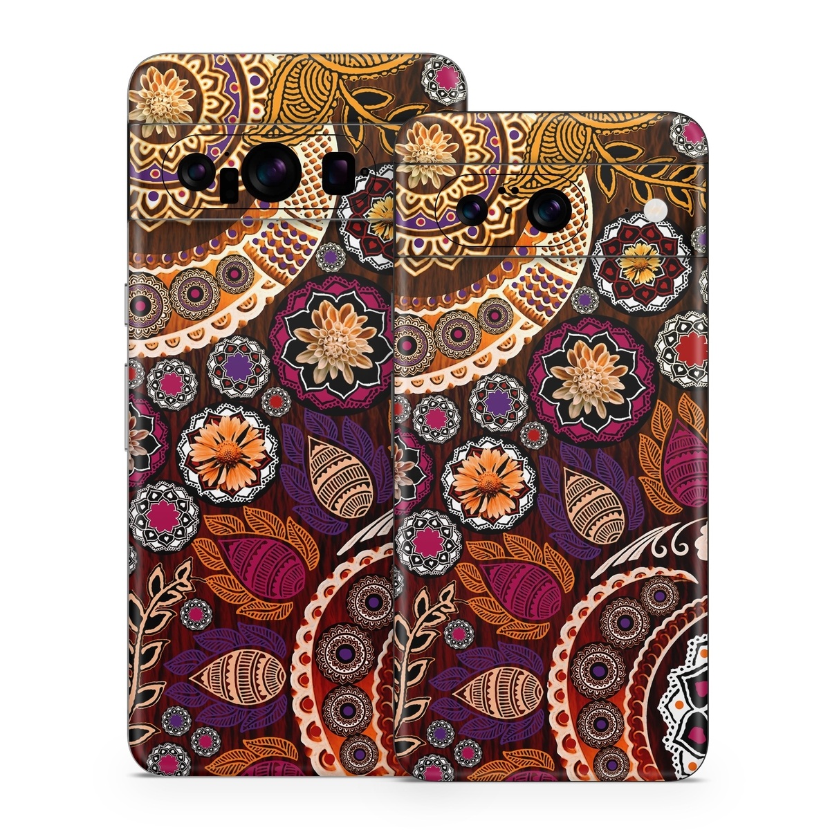 Google Pixel 8 Series Skin design of Pattern, Motif, Visual arts, Design, Art, Floral design, Textile, Paisley, Tapestry, Circle, with brown, purple, red, white, black colors