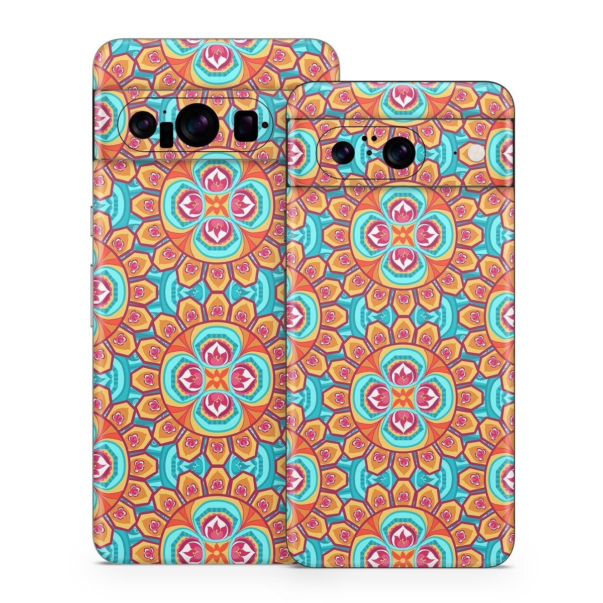Google Pixel 8 Series Skin design of Pattern, Orange, Design, Textile, Wrapping paper, Visual arts, Motif, Circle, Art, with blue, orange, red, yellow colors