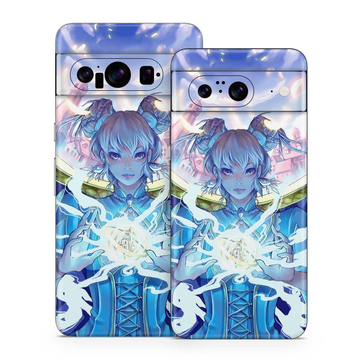 Google Pixel 8 Series Skin design of Cg artwork, Anime, Cartoon, Sky, Long hair, Illustration, Fictional character, Black hair, Art, with blue, purple, pink, white, yellow colors