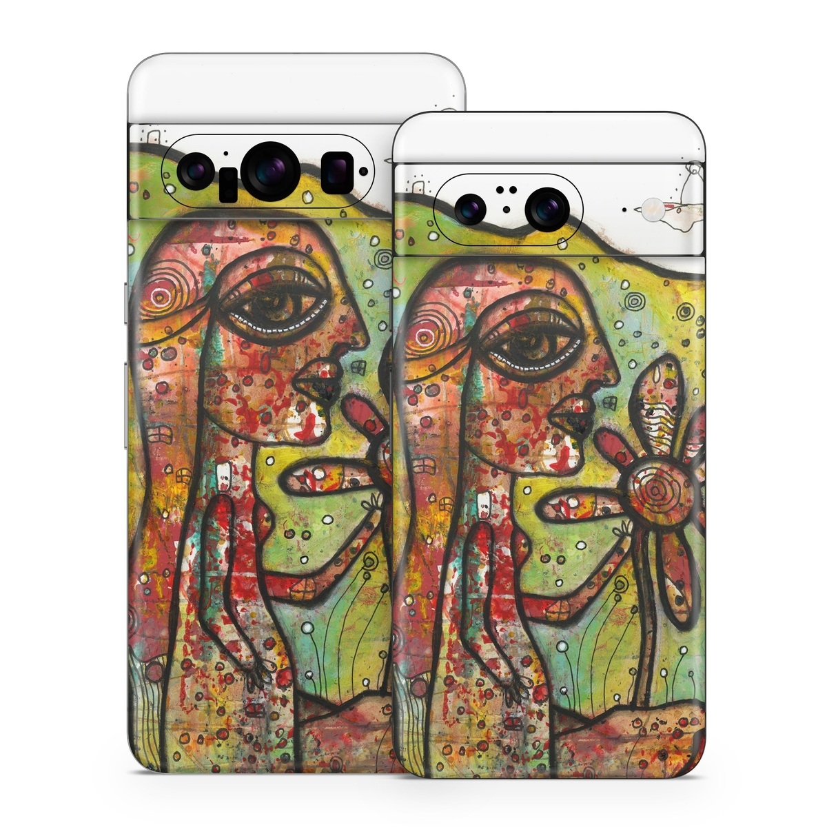 Google Pixel 8 Series Skin design of Modern art, Art, Painting, Acrylic paint, Psychedelic art, Visual arts, Watercolor paint, Illustration, Paint, Style, with green, black, red, white, orange, yellow colors