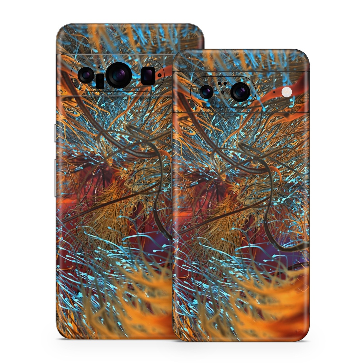 Google Pixel 8 Series Skin design of Orange, Tree, Electric blue, Organism, Fractal art, Plant, Art, Graphics, Space, Psychedelic art, with orange, blue, red, yellow, purple colors