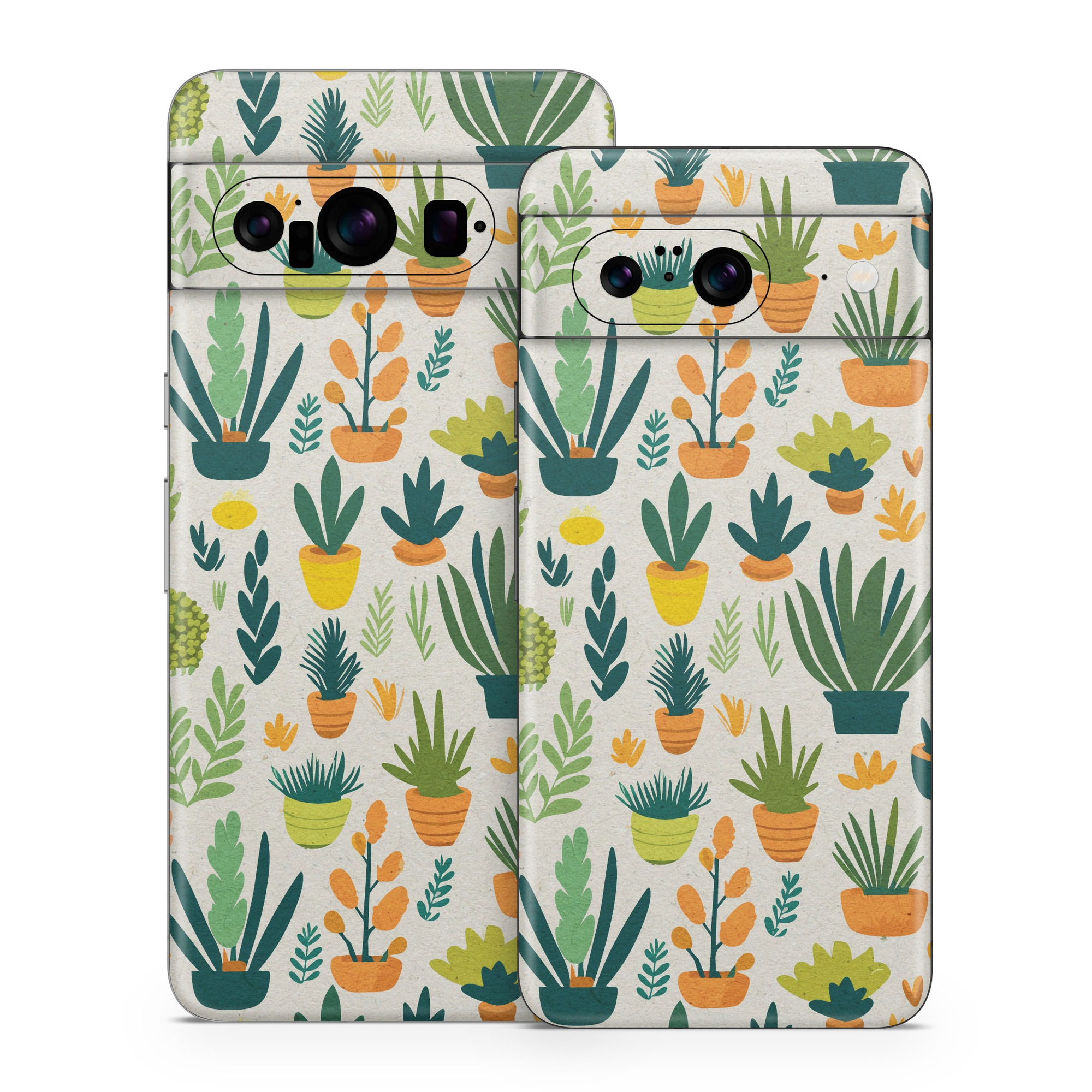 Google Pixel 8 Series Skin design of Flower, Plant, Petal, Textile, Botany, Art, Creative arts, Flowering plant, Porcelain, Groundcover, with white, green, brown, yellow, orange colors