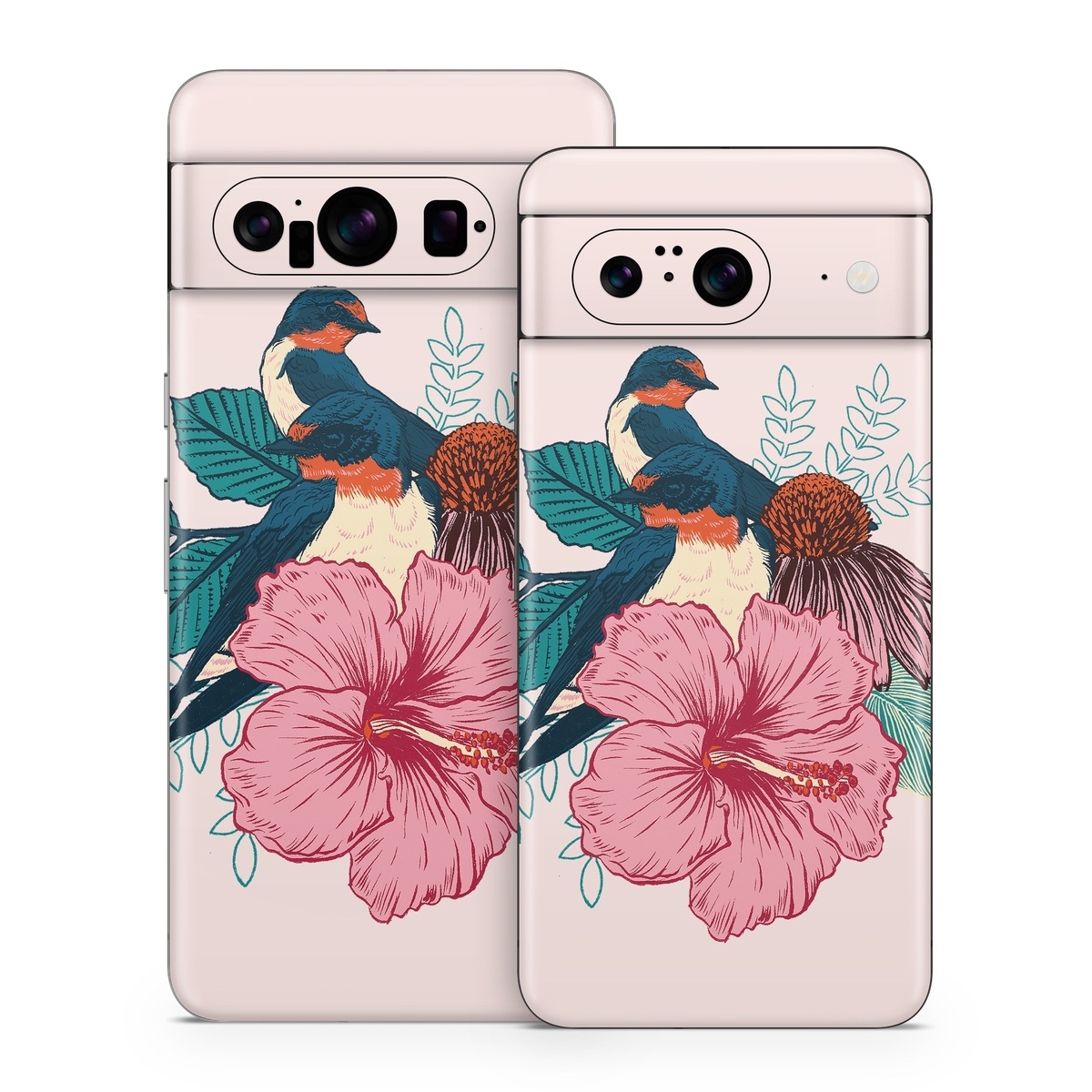 Google Pixel 8 Series Skin design of Bird, Hawaiian hibiscus, Hibiscus, Illustration, Chinese hibiscus, Botany, Flower, Plant, Malvales, Mallow family, with blue, pink, green, yellow, red colors