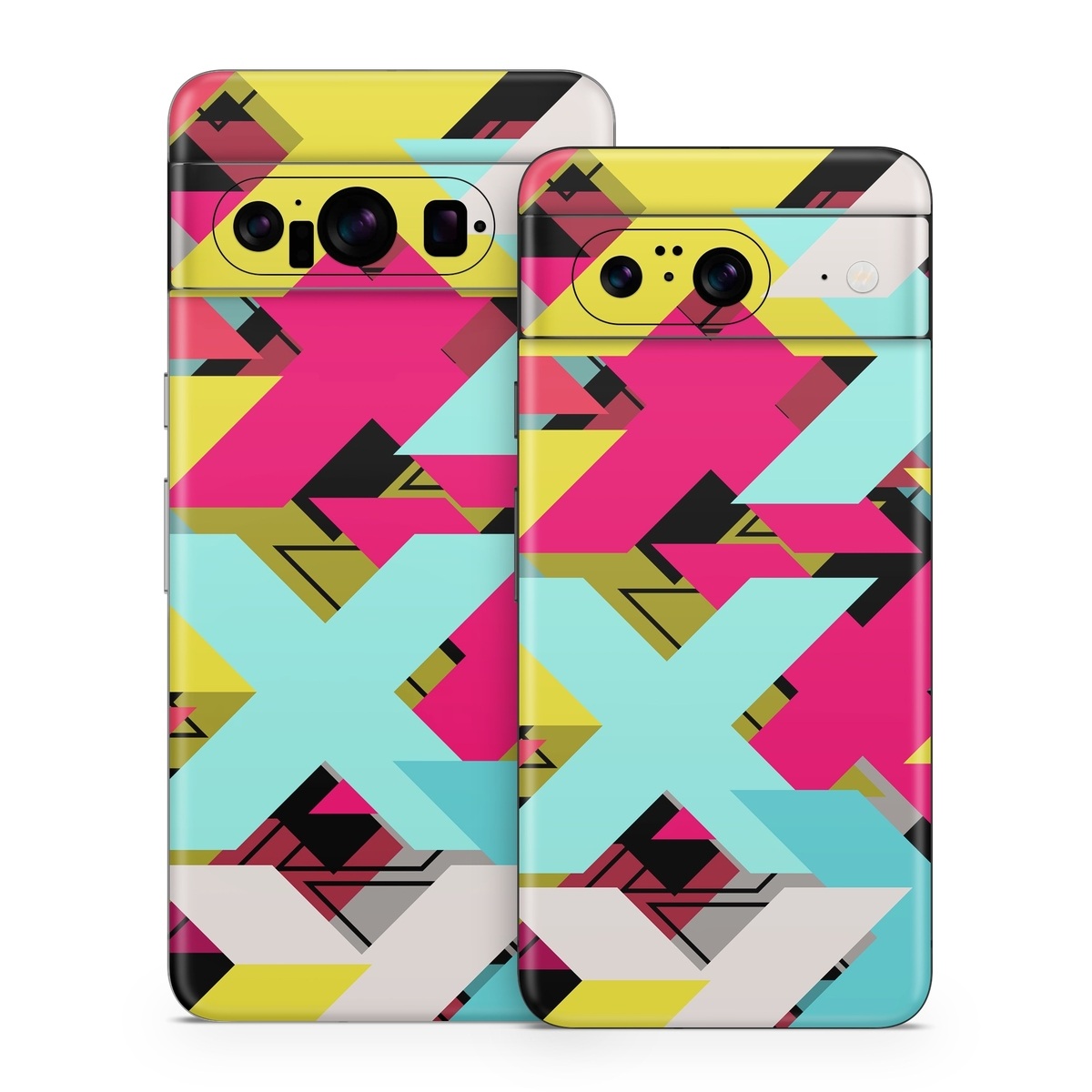 Google Pixel 8 Series Skin design of Pattern, Graphic design, Line, Design, Triangle, Font, Illustration, Magenta, Visual arts, with yellow, blue, white, black, red, pink colors