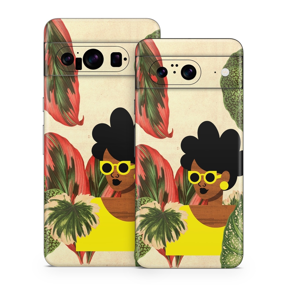 Google Pixel 8 Series Skin design of Illustration, Plant, Botany, Organism, Leaf, Art, Animation, Grass, Flower, Perennial plant, with green, black, brown, yellow, red colors