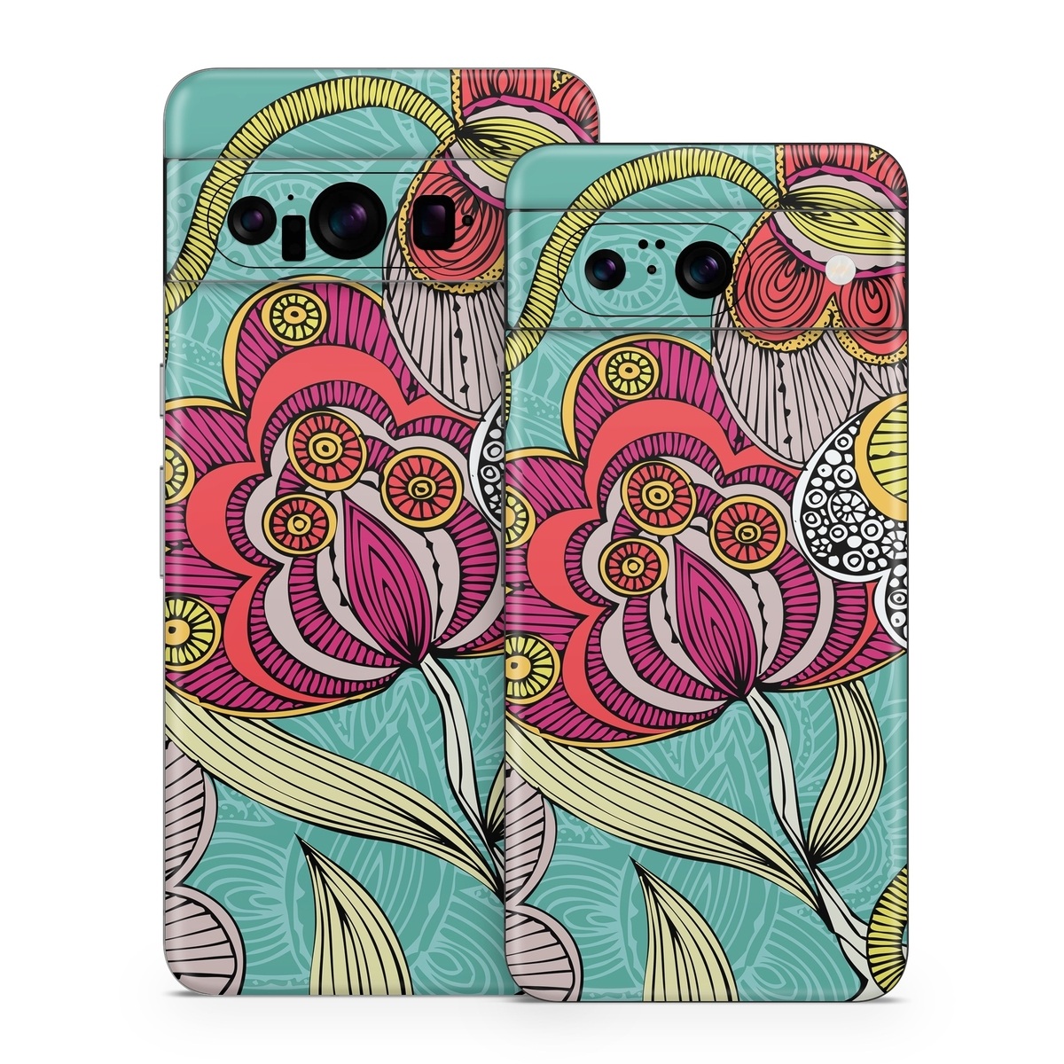 Google Pixel 8 Series Skin design of Pattern, Visual arts, Motif, Floral design, Design, Art, Plant, Flower, Organism, Textile, with red, yellow, blue, gray, pink colors