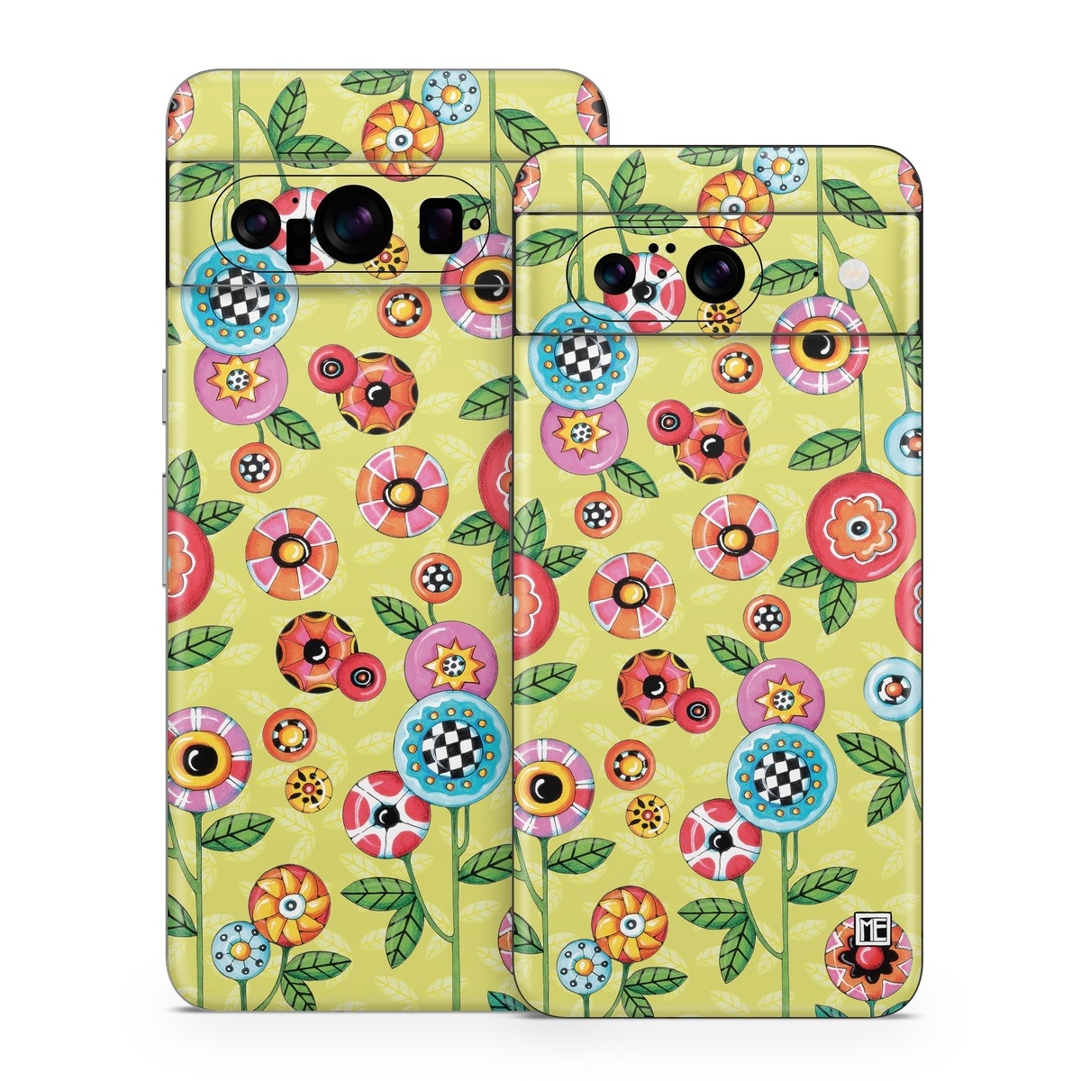 Google Pixel 8 Series Skin design of Wrapping paper, Pattern, Textile, Design, Visual arts, Wildflower, Art, Plant, Child art, Flower, with green, blue, red, yellow, orange, pink colors