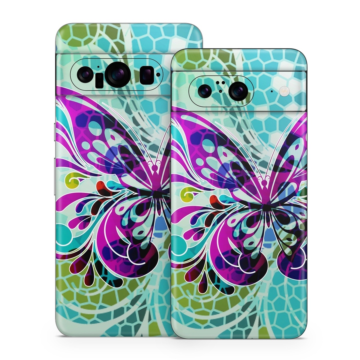 Google Pixel 8 Series Skin design of Butterfly, Pattern, Insect, Moths and butterflies, Purple, Graphic design, Design, Pollinator, Visual arts, Magenta, with blue, green, purple colors