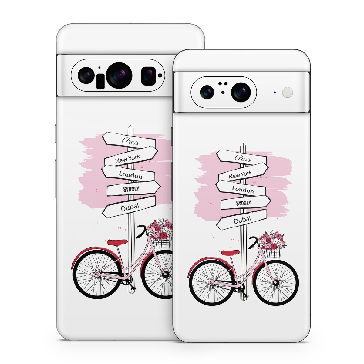 Google Pixel 8 Series Skin design of Bicycle, Wheel, Bicycles--Equipment and supplies, Tire, Bicycle tire, Bicycle frame, Bicycle wheel, Bicycle wheel rim, Vehicle, Bicycle fork, with white, black, red, pink colors