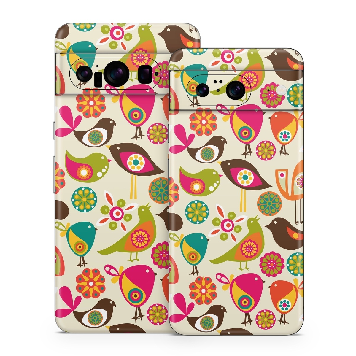 Google Pixel 8 Series Skin design of Pattern, Visual arts, Wrapping paper, Design, Clip art, Textile, Motif, Sticker, Graphics, with yellow, pink, orange, green, brown, blue colors