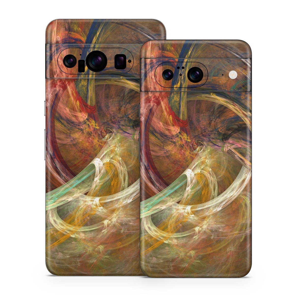 Google Pixel 8 Series Skin design of Fractal art, Art, Painting, Visual arts, Modern art, Graphics, Artwork, Stock photography, Circle, Space, with brown, red, yellow, orange, green colors