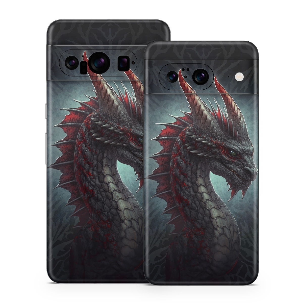 Google Pixel 8 Series Skin design of Dragon, Fictional character, Mythical creature, Demon, Cg artwork, Illustration, Green dragon, Supernatural creature, Cryptid, with red, gray, blue colors