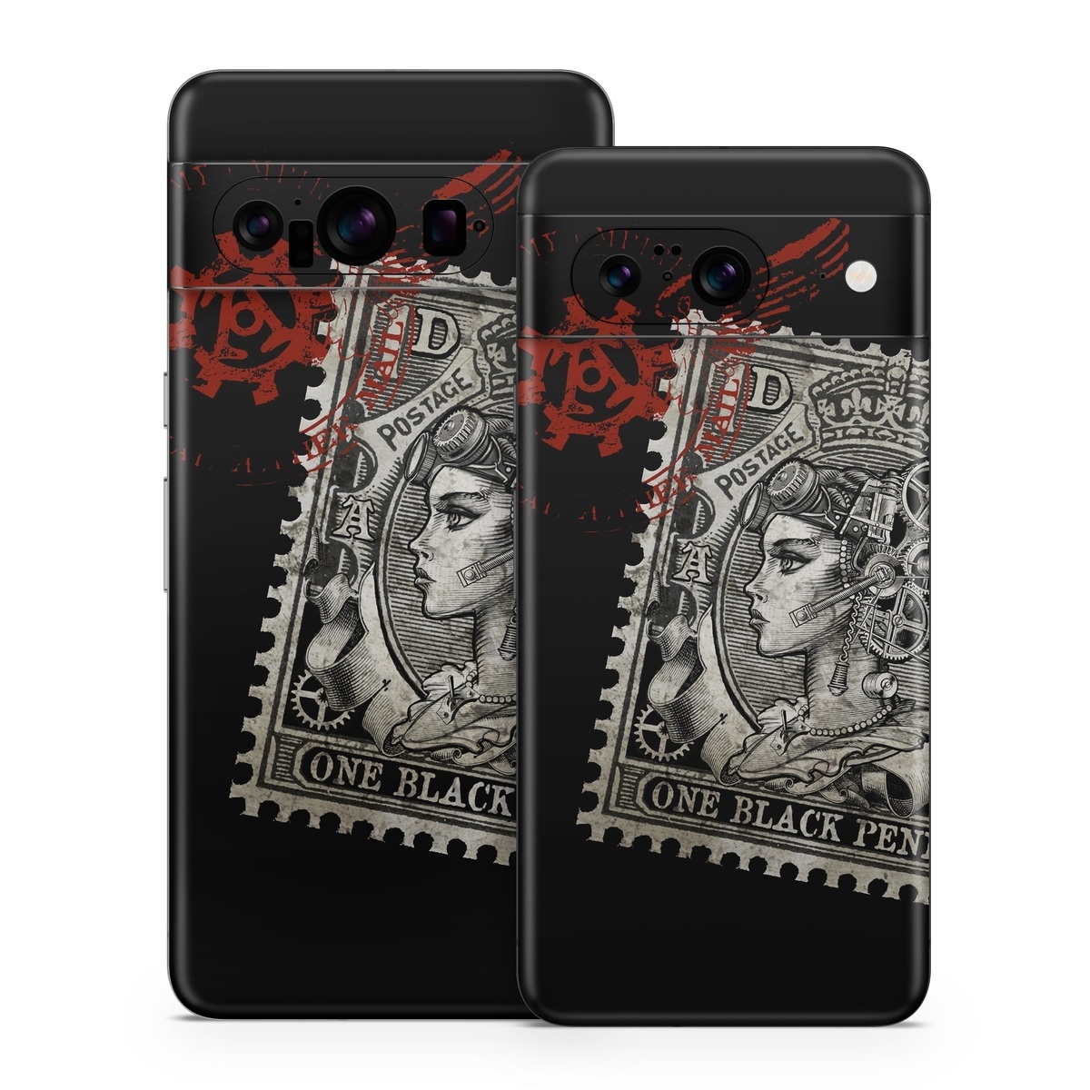 Google Pixel 8 Series Skin design of Font, Postage stamp, Illustration, Drawing, Art, with black, gray, red colors